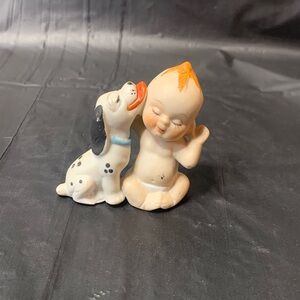 Baby with Dalmation Dog Licking Face Figurine Bisque Kewpie Doll Vintage Cute